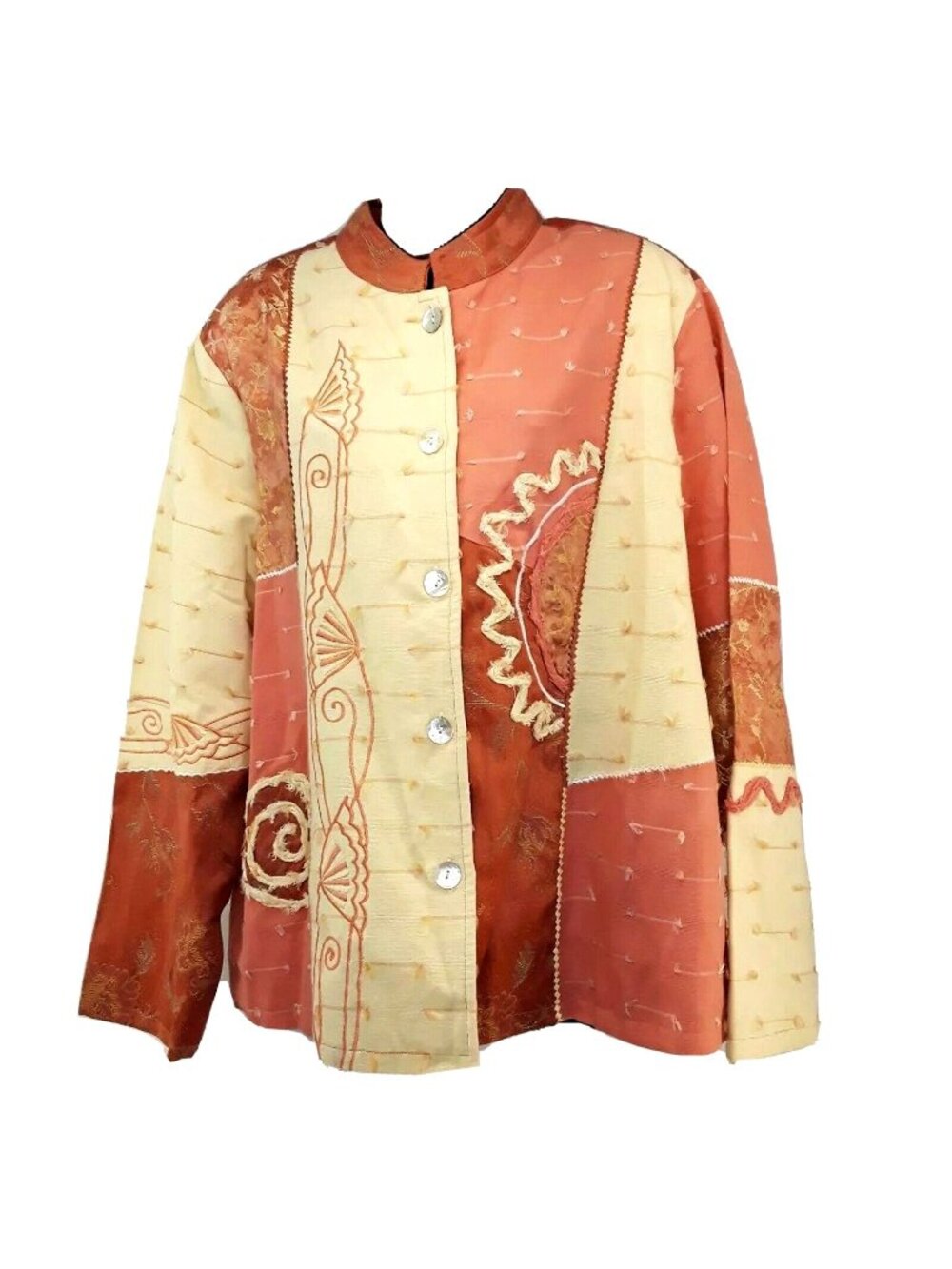 Indigo Moon Mandarin Collar Blazer Womens XL Salmon Pink Patchwork Sun Jacket